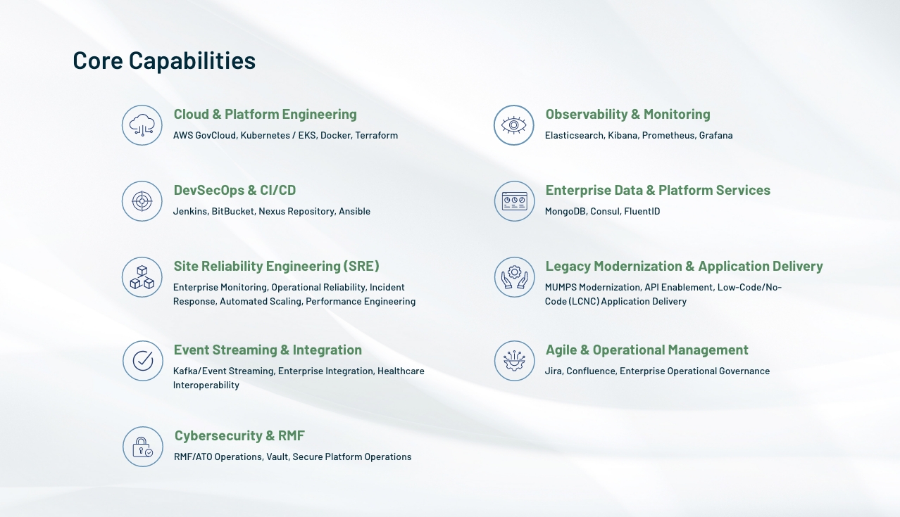 Enterprise IT capabilities including cloud engineering, DevSecOps, cybersecurity, observability, data platforms, modernization, and operational management.
